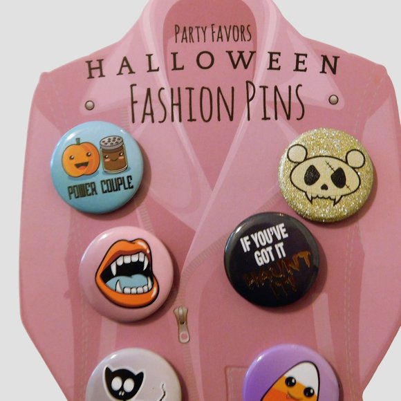 Halloween Fashion Pins Set of 6 Fangs Candy Corn Lapel Hat Metal 1 in Round - Picture 3 of 5